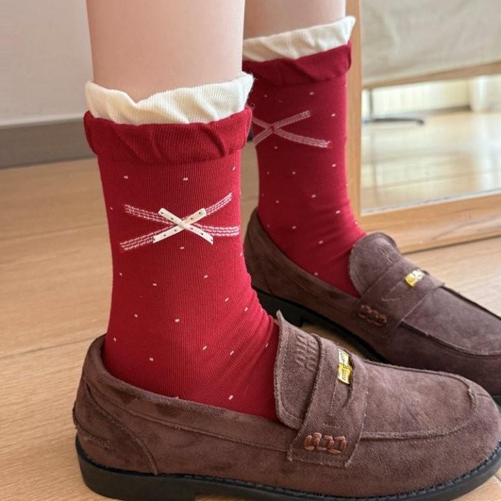 Female Autumn and Winter Bowknot Polka Dot Striped Cloth Logo New Year's Year Red Tube Pile Socks