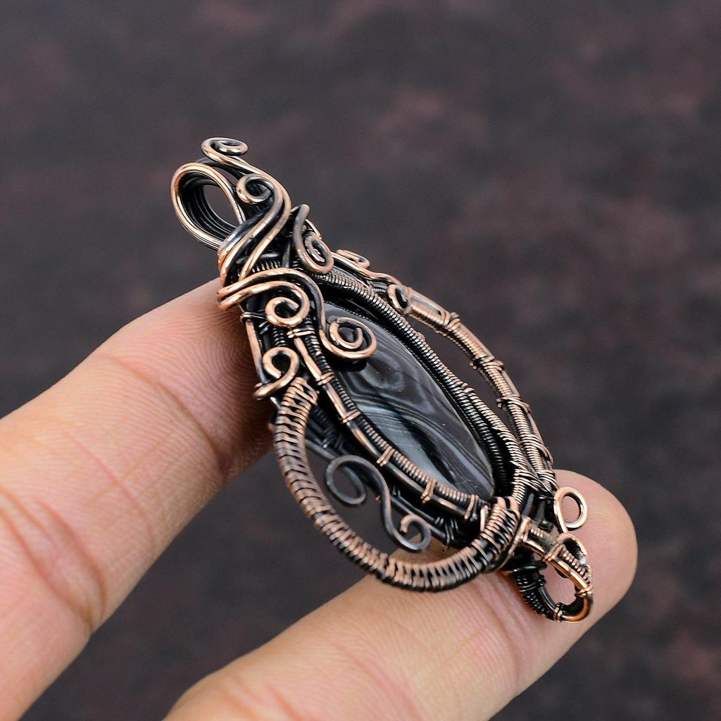 Подвеска Psilomelane, медная проволочная обертка, подвеска из натурального драгоценного камня, медная подвеска, ювелирное изделие ручной работы, подарок на годовщину, проволочная обертка
