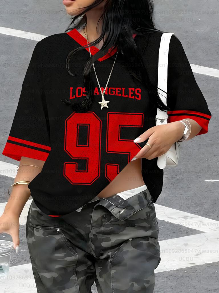 Women's Los Angeles NO.95 Print V-Neck Short Sleeve T-Shirt Summer Graphic Tee Hole Mesh Jerseys Plus Size Sport T-Shirt
