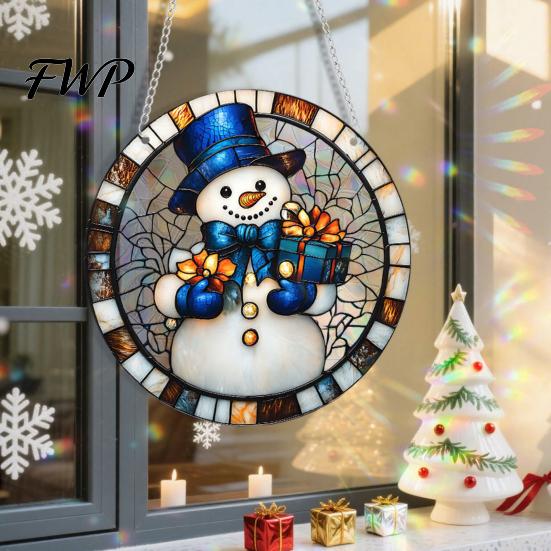 Winter Wonderland Party Decorations Christmas 2D Acrylic Hanging Ornaments, Stained Glass Style Snowman Santa Snowflake Patterned Decor Window Hanger