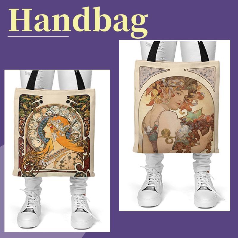 Холстовая большая сумка с плакатом серии Mucha, ретро-сумка на плечо, женская сумка с цифровой печатью и верхней ручкой