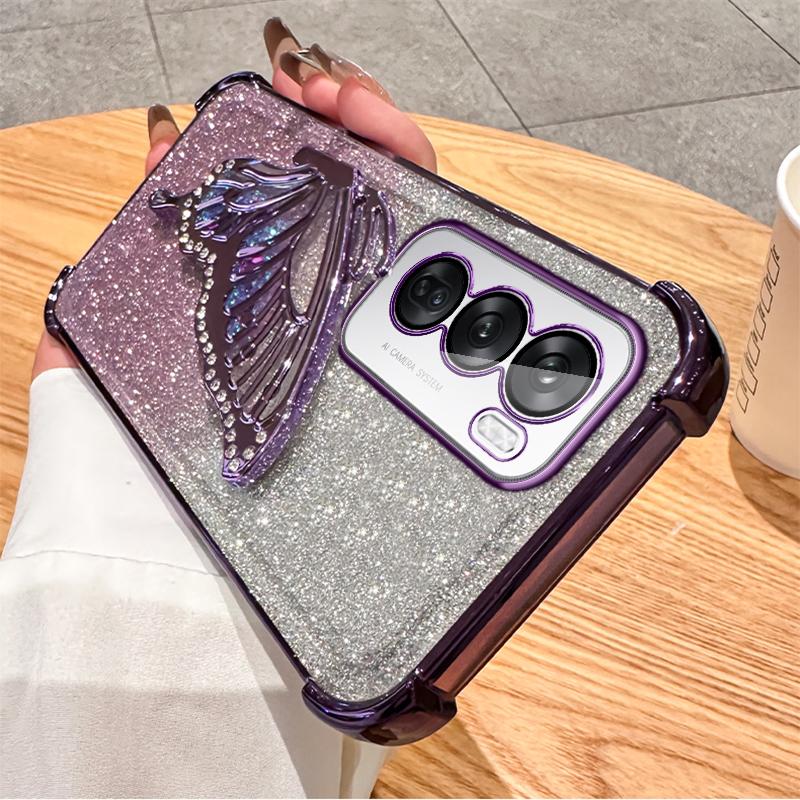 Glitter Shockproof Plating Quicksand Butterfly Phone Holder Case for OPPO Reno 14 14F 13 13F 12 12F 11 11F 10 Pro Silicone Cover
