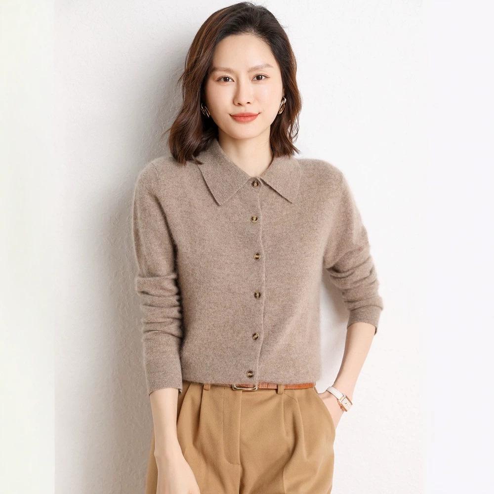 Women's Polo Collar Cashmere Cardigan - Elegant Lapel Sweater, Fashionable and Versatile Knit Top