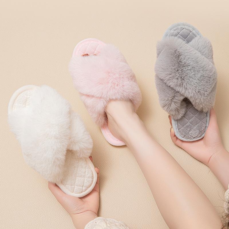 Плюшевые тапочки с перекрестными ремешками Зимние теплые хлопковые тапочки Домашние теплые плюшевые тапочки