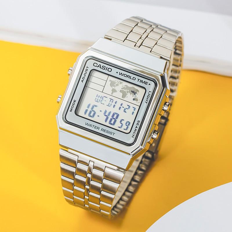 Casio Серия для молодежи Винтажные Стандартные Классические Маленькие Серебристый Блок Квадратные Ретро Водонепроницаемые Кварцевые Механизм Стальной Ремешок Унисекс часы A500WA-7