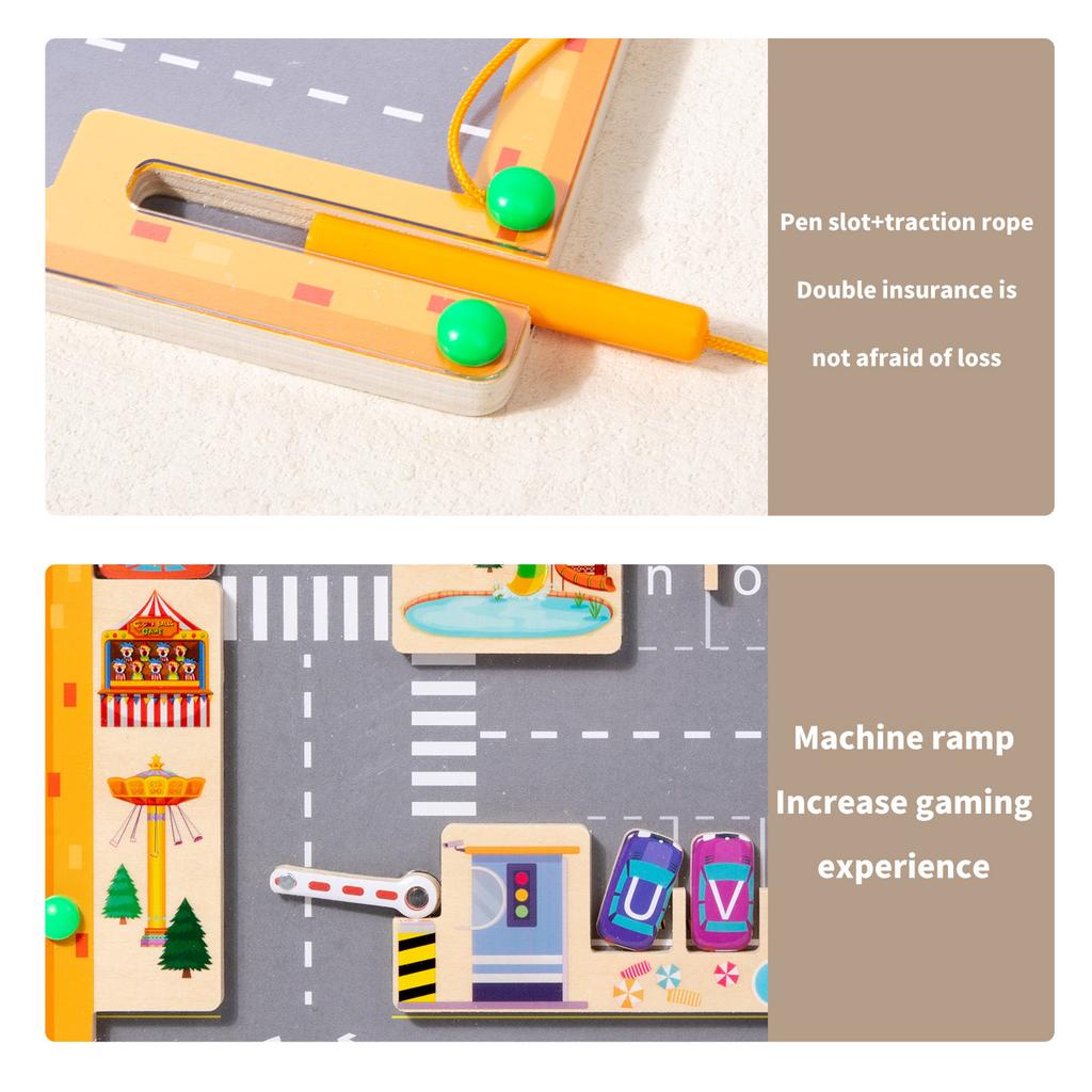Wooden Letter Maze Puzzle - Parking Lot Design Uppercase Lowercase English Letters Children Learning Letter Matching Game