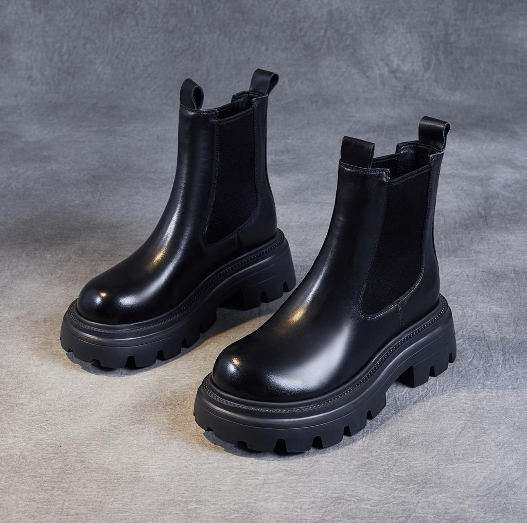 Ботинки женские [ZUYEE] челси короткой высоты из натуральной толстой кожи на резинке по бокам, кожаные, подошва, ботинки, ботинки, улучшение, ноги, черные, 24.5см