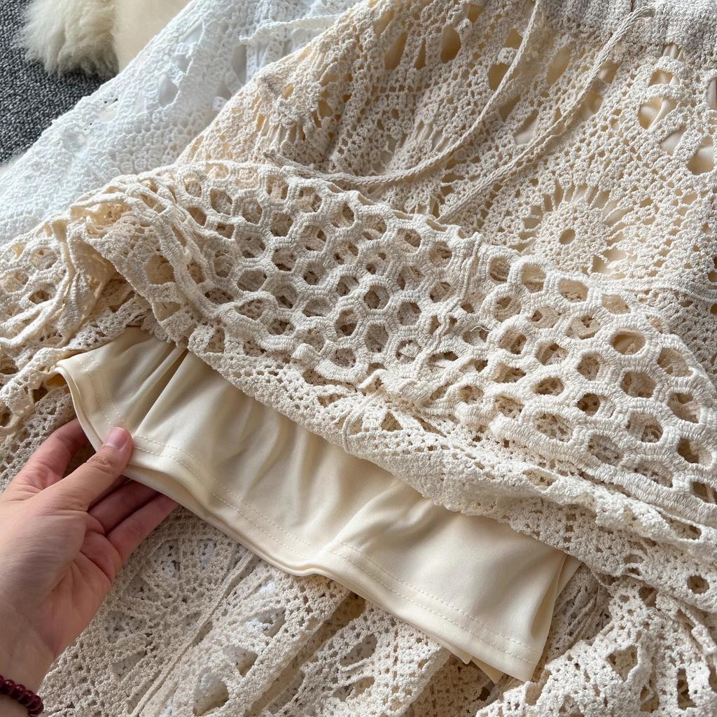 DIMANAF 2025 Новая юбка женская вязаная кружевная длинная однотонная ажурная сексуальная ажурная летняя стильная свободная базовая