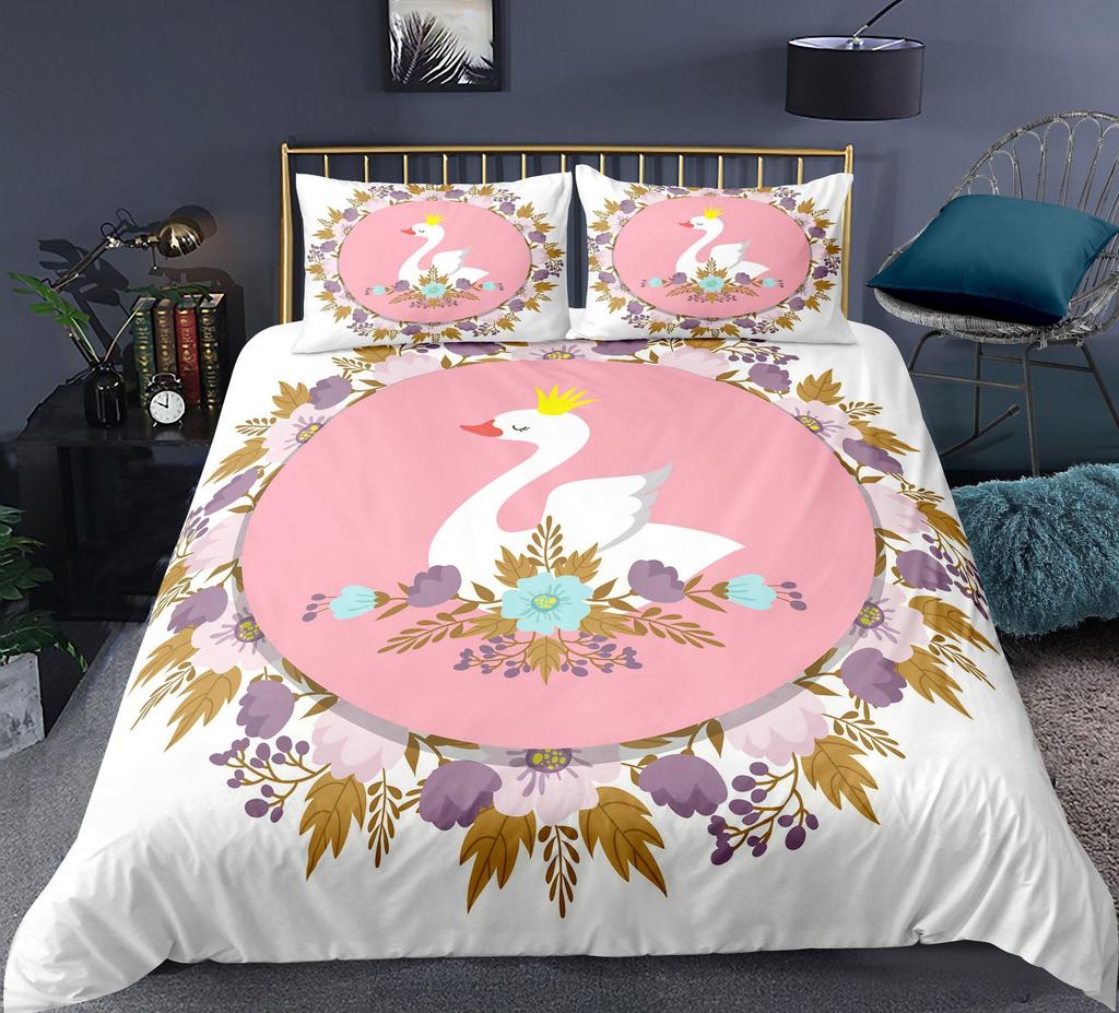 Swan Duvet Cover Set Rose Crown Comforter Cover Polyester Bedding Set Sweet Girl Romantic Quilt Cover Pink Red King Twin Size