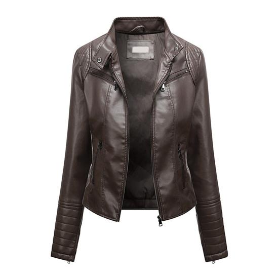 Женская однотонная приталенная куртка из искусственной кожи с воротником-стойкой и длинными рукавами, карманами на молнии, байкерское пальто, тонкая стильная верхняя одежда
