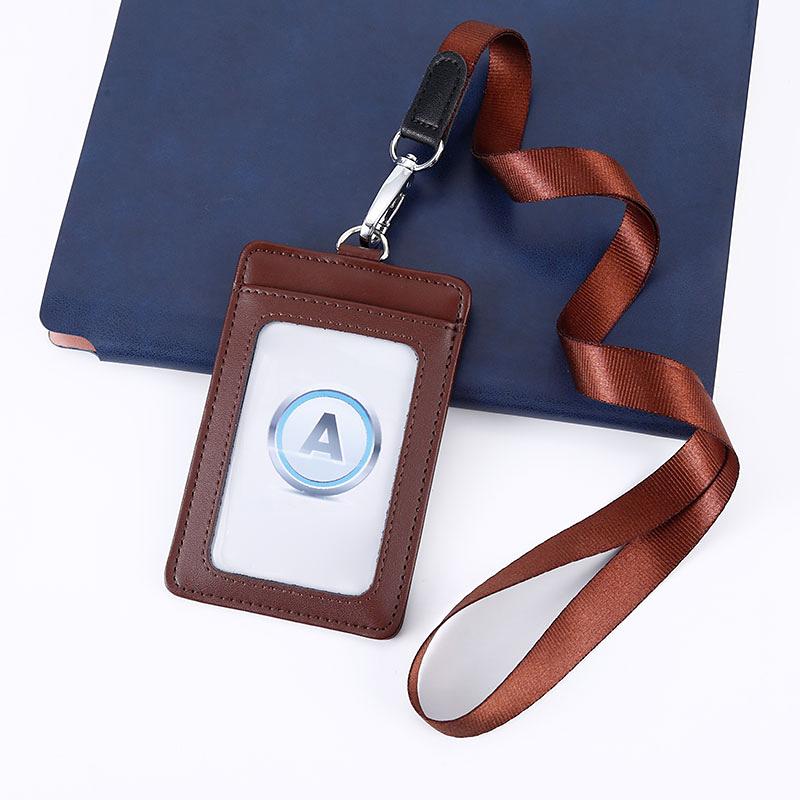 Fashion Genuine Leather ID Holder Business Staff Job Number Card Holders with Lanyard Bus Card Cover Student Worker Employee Card Case