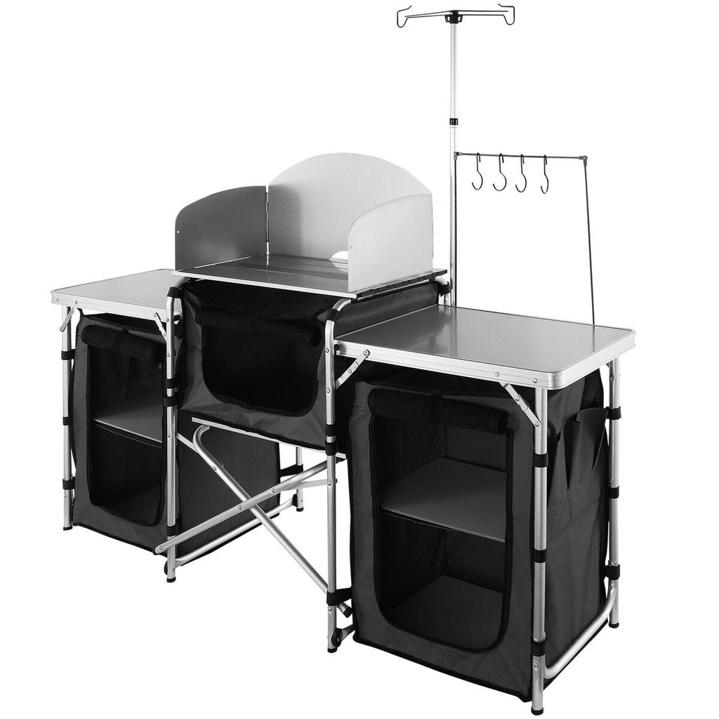 Camping Kitchen Table, Folding Outdoor Cooking Table with Storage Carrying Bag, Aluminum Cook Station 3 Cupboard & Detachable Windscreen, Quick Set-up