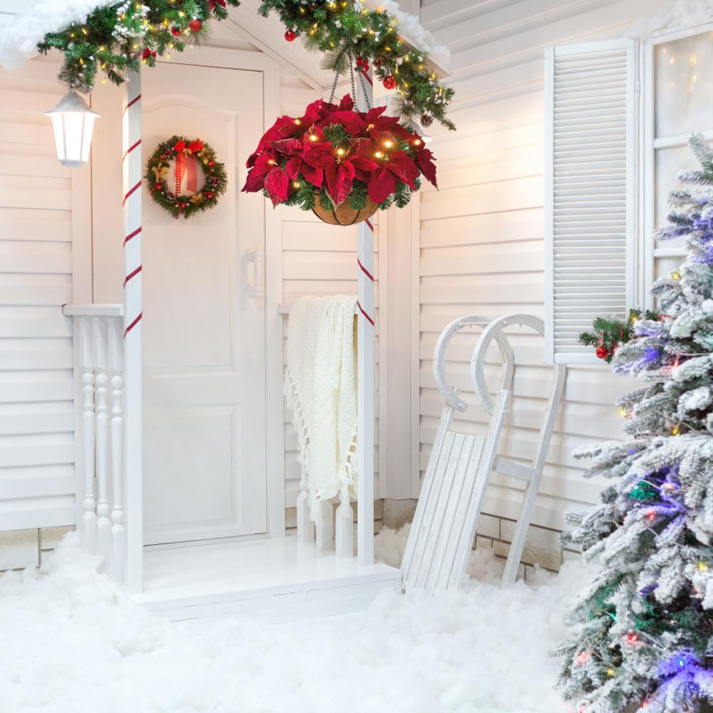 Pre Lit Christmas Hanging Basket Flocked with Mixed Decorations and LED Lights Artificial Frosted
