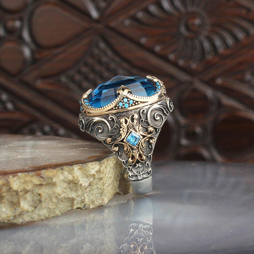 Kaliteli İşçilik Desenli Mavi Topaz Taşlı 925 Sterling Silver Man Ring