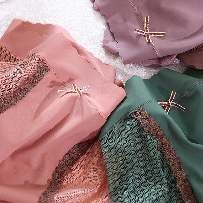 Women's Cotton Briefs Panties High Waist Sexy Lace Bowknot Panties Underwear Lingerie