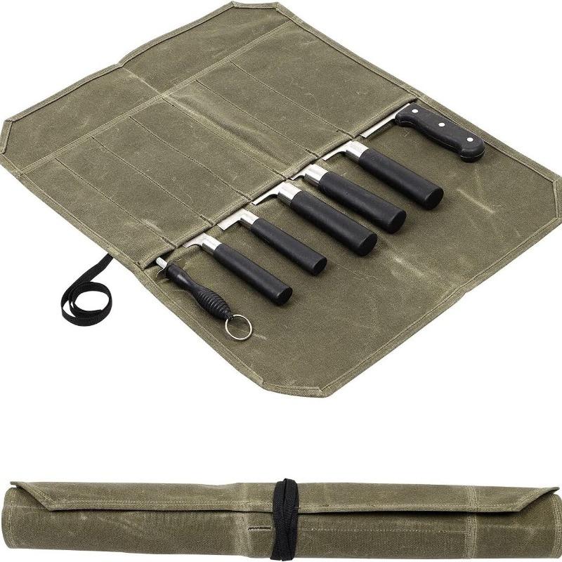 Chef Knife Roll Bag - Canvas Cutlery Organizer for Kitchen, Camping, BBQ & Travel, Portable Knife Storage with Multiple Pockets