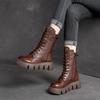 Warm Winter Boots Women Shoes Genuine Leather Plush Zip Round Toe Wedges Handmade Lace-up Platform Boots