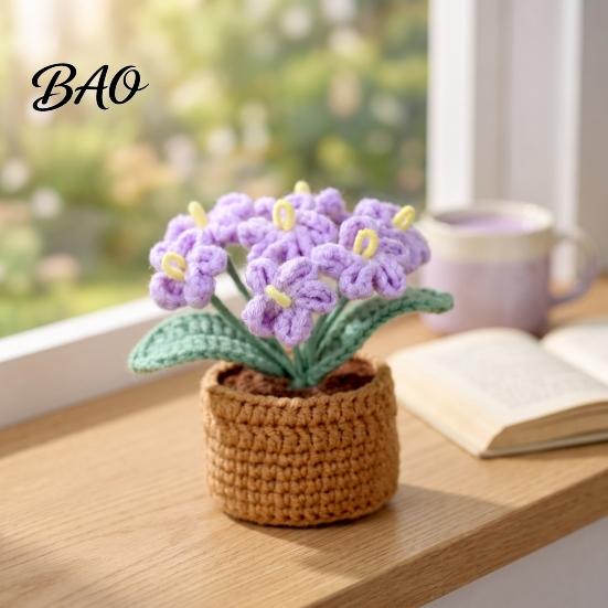 Multi Color Crochet Flower Pot Crocheted Potted Plant, Artificial Yarn Ornament, Vibrant Multi-color No Maintenance Fake Flowers Knitted Desktop Plant