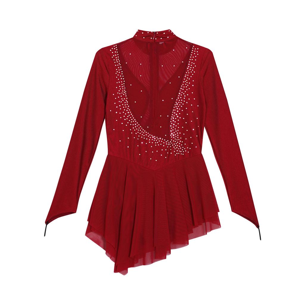 Kid Girls Figure Ice Skating Dress Long Sleeve Irregular Hem Leotard Dress Stage Performance Costume
