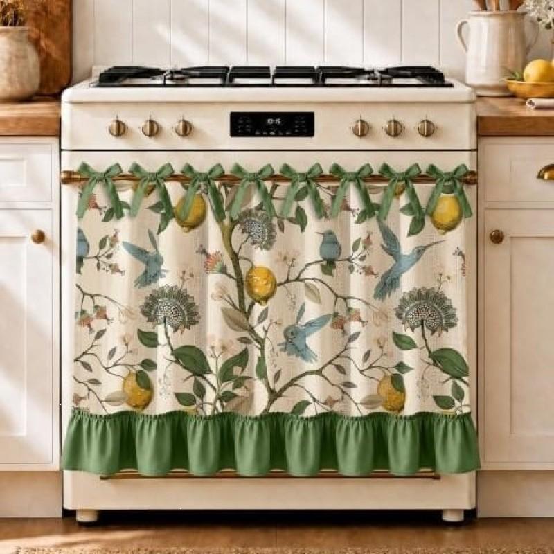 Kitchen Oven Curtain With Tie-Backs Linen Style Farmhouse Short Drape Range Hood Or Appliance Cover