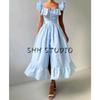 Summer New Arrival Women clothes Sweet Style Square Collar Single Breasted Slim fit Stripe Frill Waist Hugging Long Dress