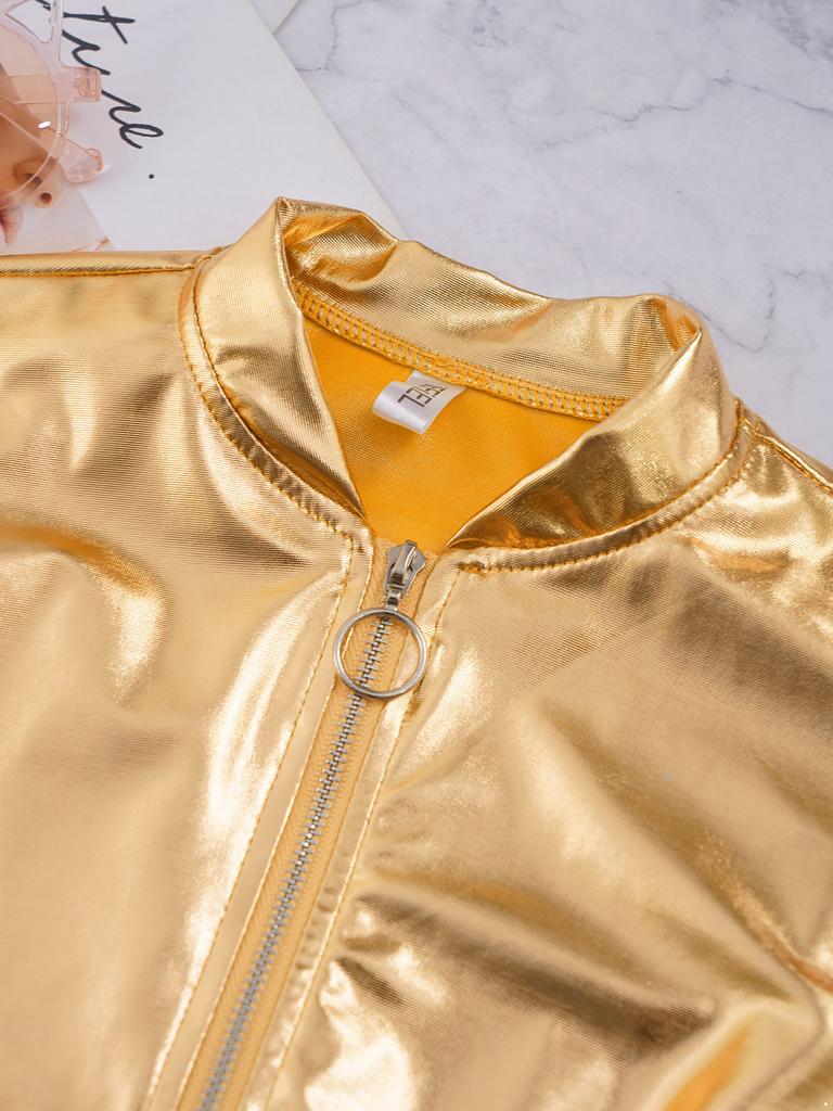 Детская блестящая бейсбольная куртка с длинными рукавами для девочек, блестящая куртка-бомбер на металлической молнии, пальто, верхняя одежда