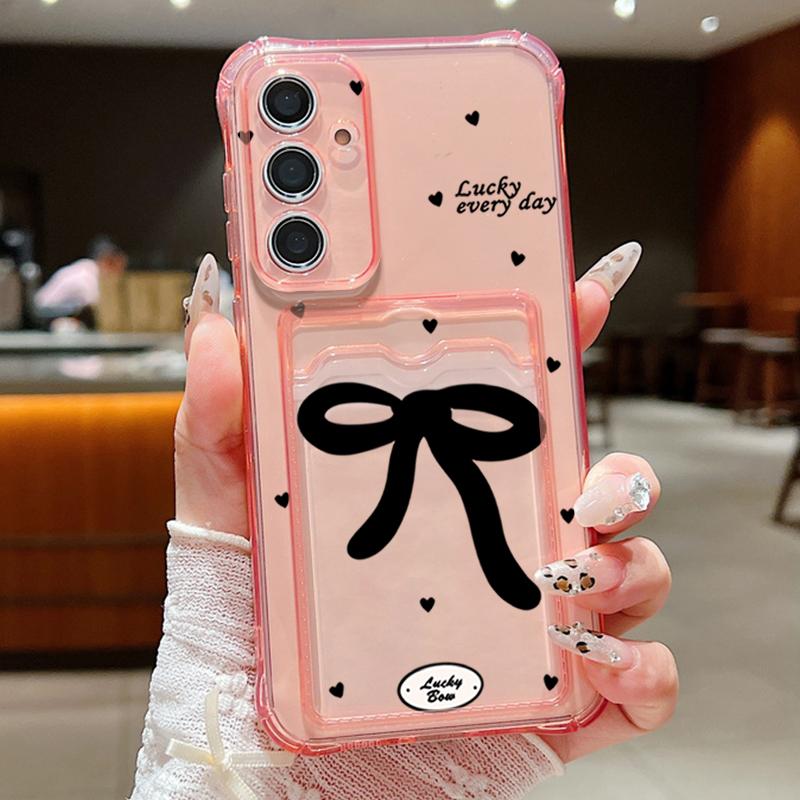 Черный чехол с бантом и слотом для карт, ударопрочный прозрачный чехол для Samsung S25 S24 FE S23 Ultra S22 A56 A36 A55 A16 A06 A15 A26, тонкий, мягкий, силиконовый чехол для телефона