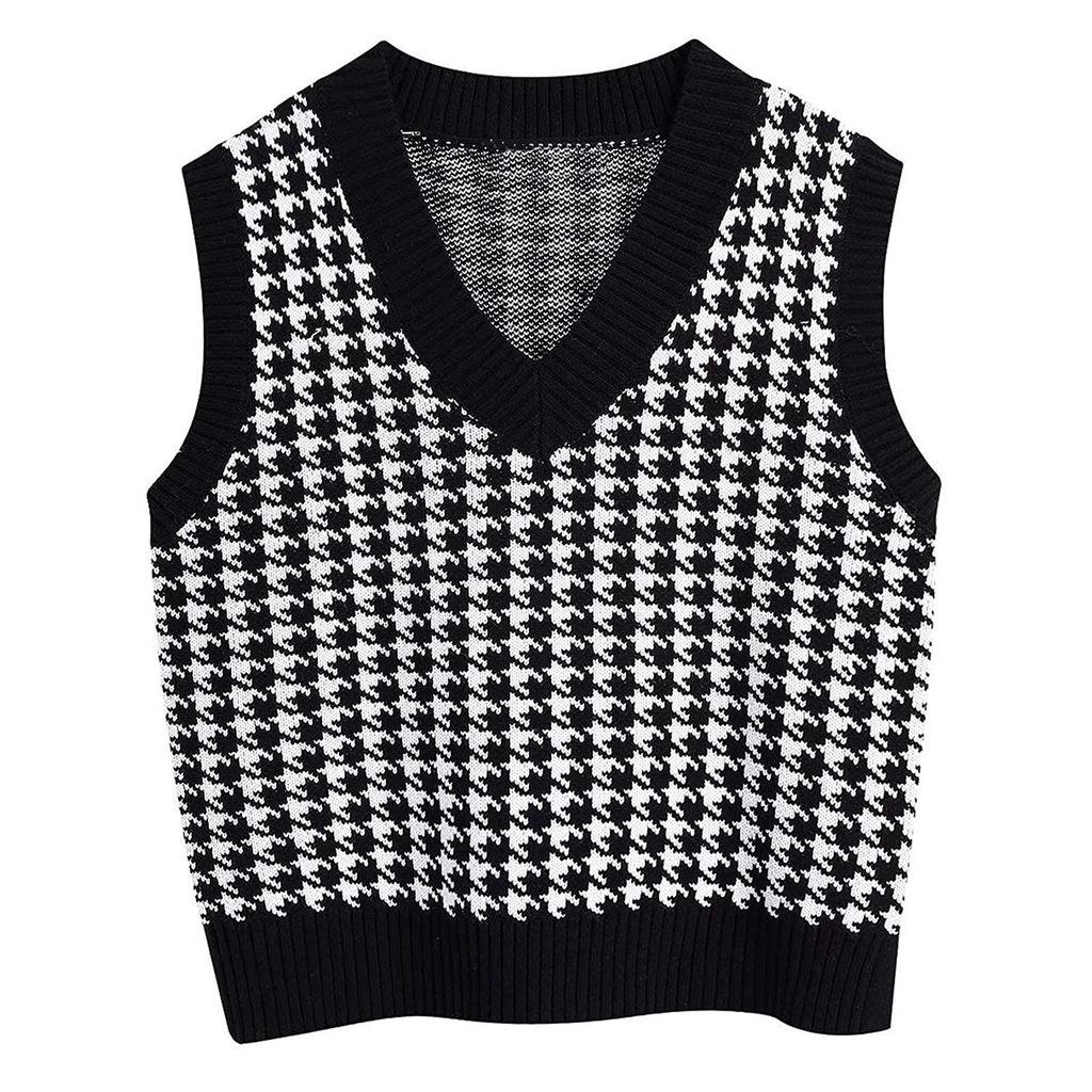 Women's Casual V-Neck Pullover Shirt Collision Color Sleeveless Sweater Vest