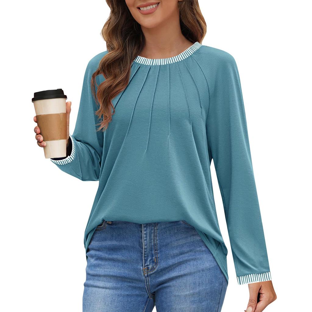 Женские топы с длинным рукавом, нарядные, повседневные, с круглым вырезом, плиссированные, цветные, свободные, модные блузки, футболки