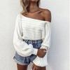 Spring and Autumn Women Long Sleeves Solid Color Knitwear Loose Pullover Sweater Sexy Open-shoulder Design Fashion Knit Top