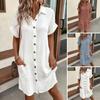 Summer Women Dress Turn-down Collar Single-breasted Loose Solid Color Cardigan Short Sleeves