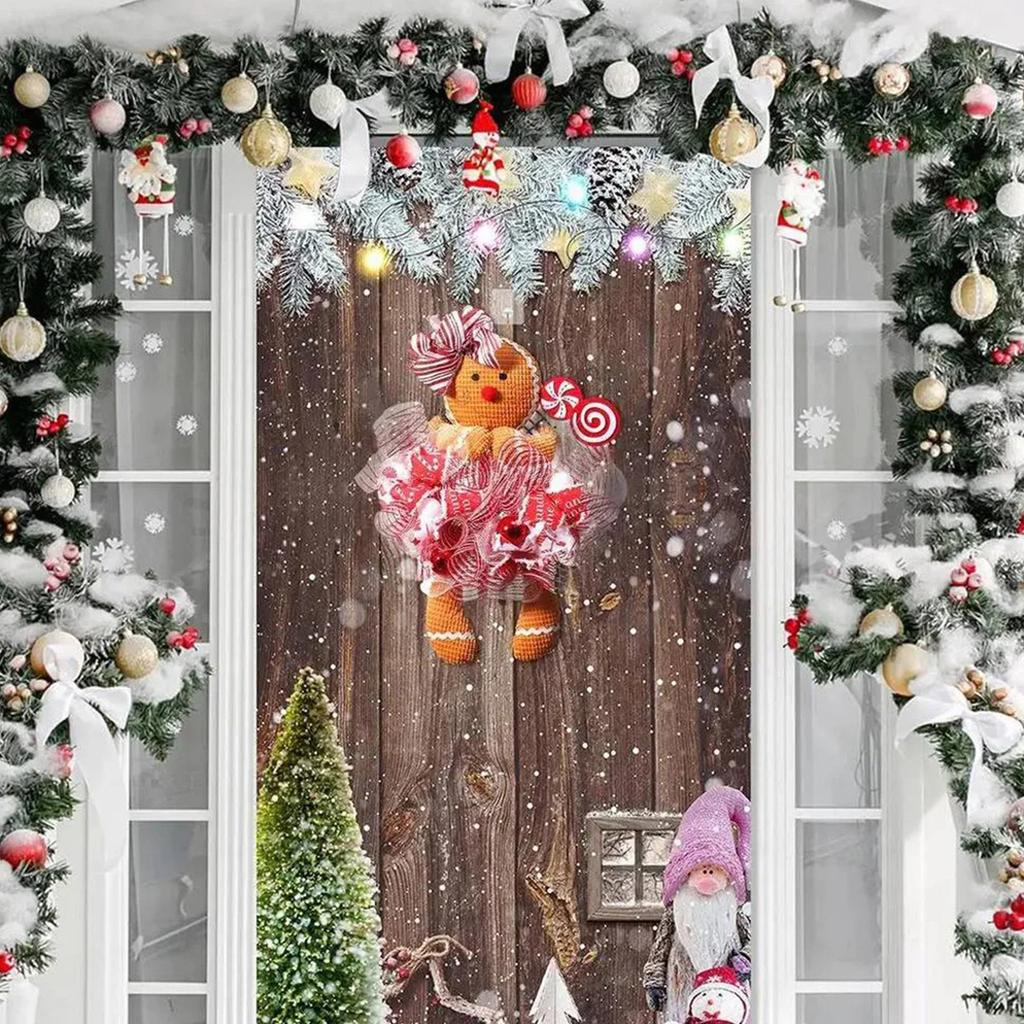 Рождественский венок на дверь Рождественский венок с куклой пряничного человечка Рождественская подвесная табличка с пряничным человечком Рождественские украшения для входной двери