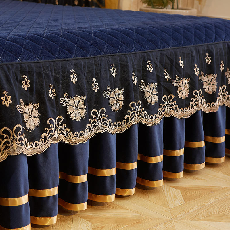Luxury Velvet Quilted Bedspread Queen King Size Thick Plush Lace Embroidery Short Bed Skirt No Pillowcase