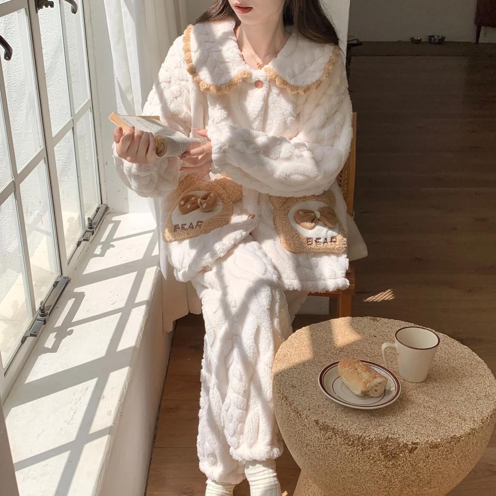 Пижама женская зимняя толстая коралловая бархатная сладкая и милая пшеничная кукольная воротник принцесса ветер кардиган стиль домашняя одежда которую можно носить