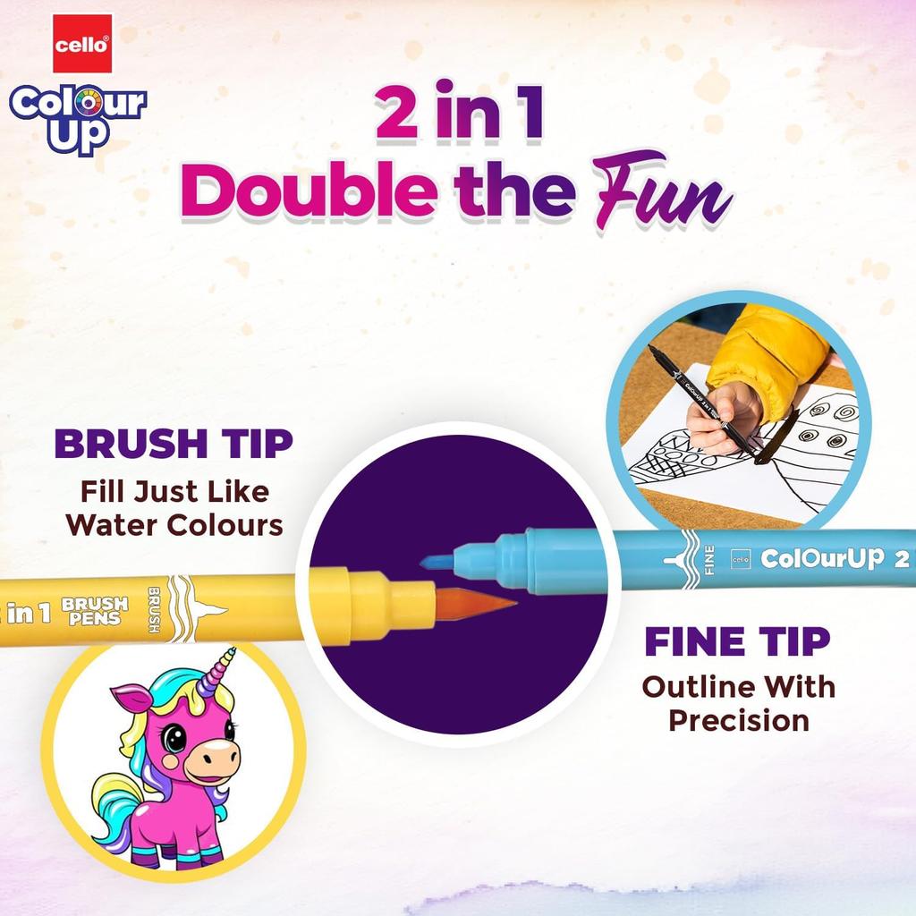 Cello BrushTipPens Multicolor 18 Shades 2-in-1 Brush And Sketch Pen Set Washable Non Toxic Art Pens For Kids Creativity