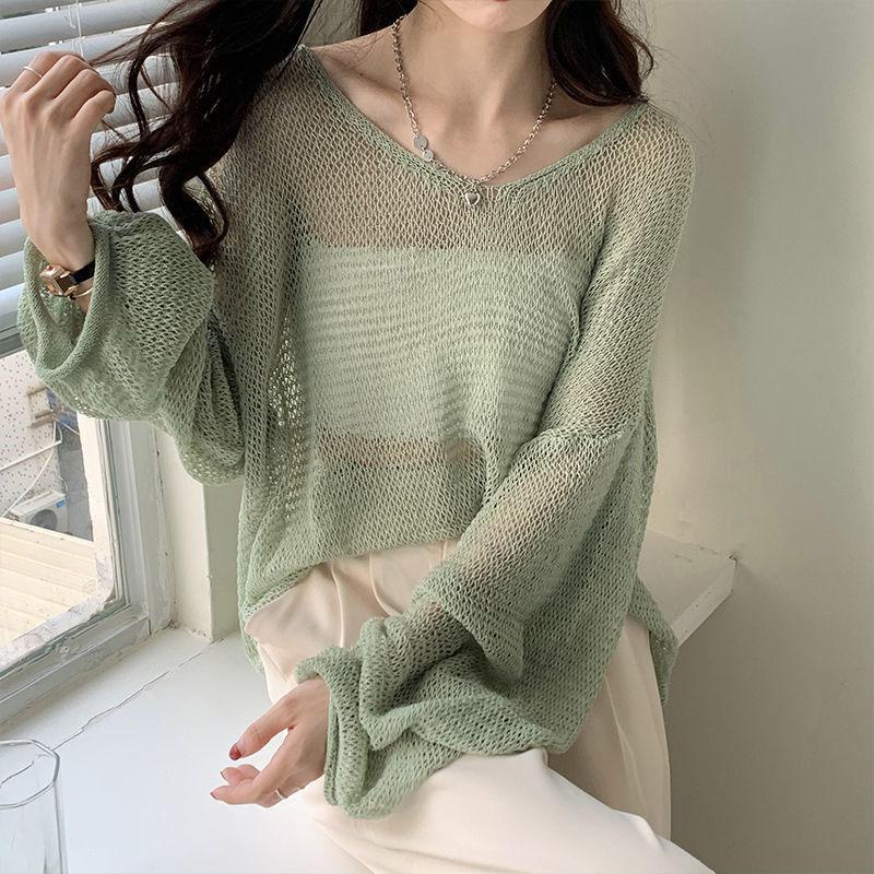 Полый свитер с длинными рукавами, нерегулярный тонкий дизайн, женский трикотажный топ с защитой от солнца, V-образный вырез, длинные рукава, свободный и ленивый