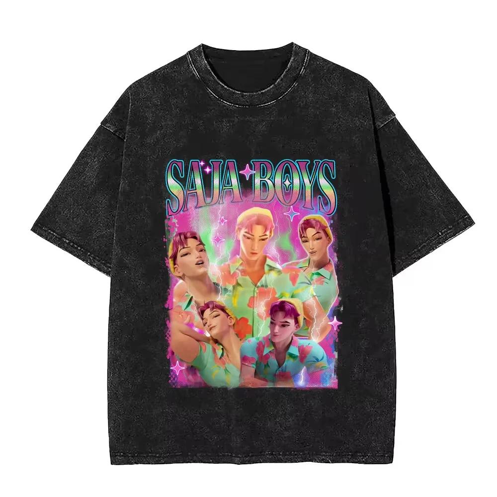 Movie KPop Demon Hunters Derpy Tiger Vintage Washed T-shirt Men Women Cartoon Streetwear Men's Fun Oversized T Shirts