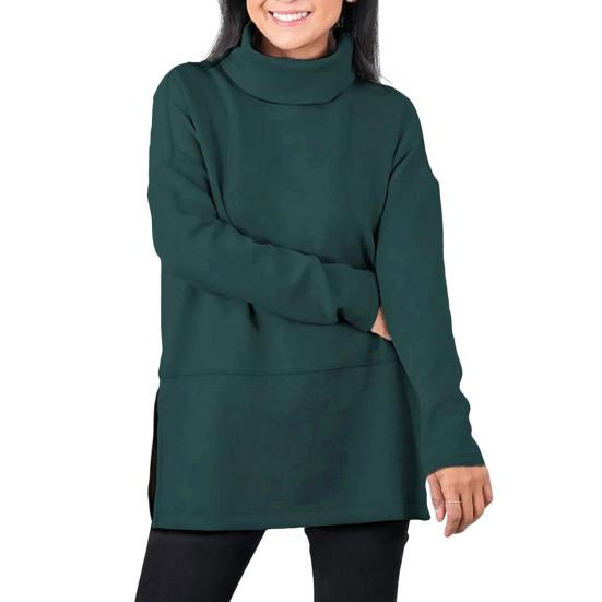 Женская толстовка с полувысоким воротником и разрезом по низу, однотонная плотная одежда больших размеров, длинный рукав, однотонный пуловер, сохраняющий тепло, повседневный топ