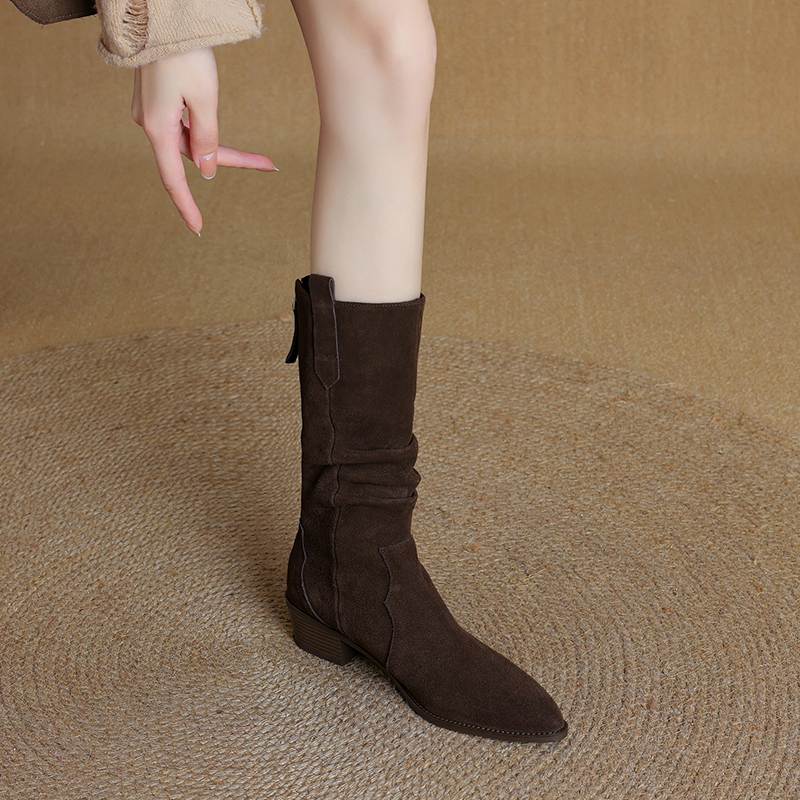 Krazing Pot Зимние женские сапоги из коровьей замши и нубука с круглым носком и средним каблуком, элегантные женские сапоги до середины голени в стиле ретро со складками