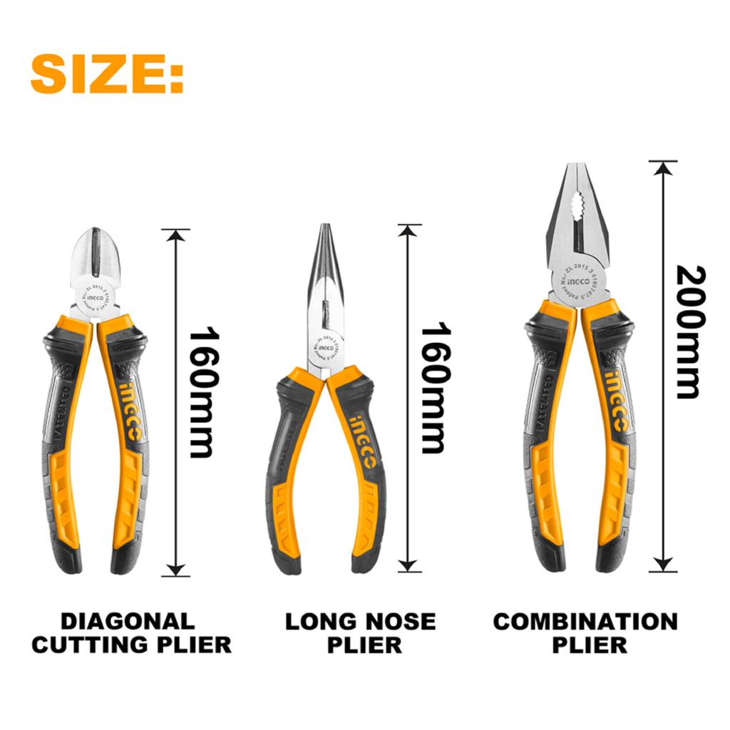 INGCO 3-Piece High-Leverage Pliers Set (HKPS08318) - Includes 200mm Pliers, 160mm Nippers, and 160mm Long Nose Pliers
