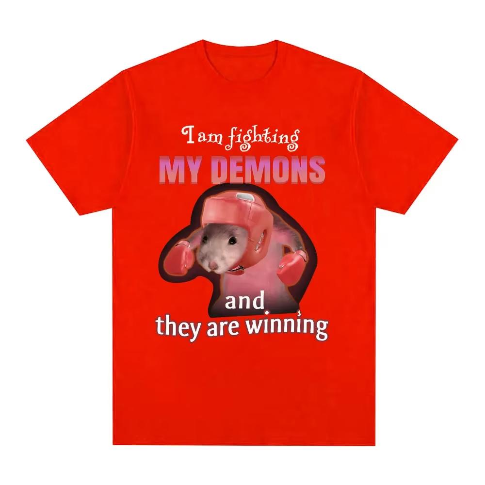Funny I Am Fighting My Demons and The Are Winning Rat Meme Unisex Women Short Sleeve Tshirts Adult Children Parent Child Tshirt