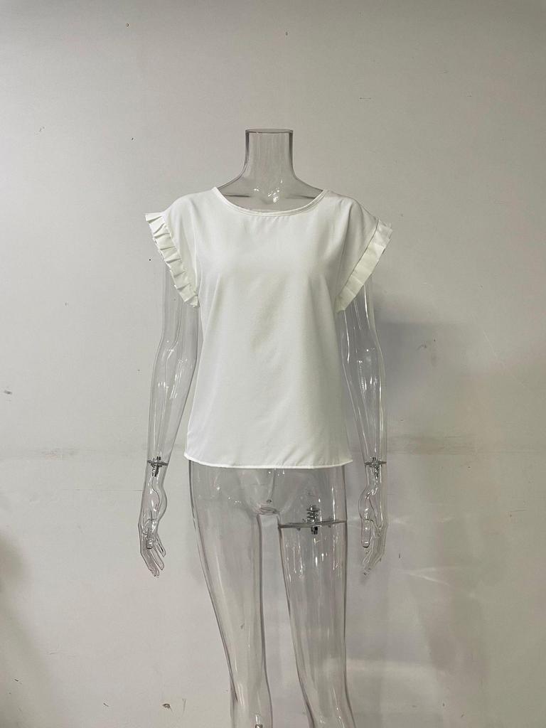 Европейский и американский женский повседневный топ с оборками, круглым вырезом и короткими рукавами, весна/лето 2025