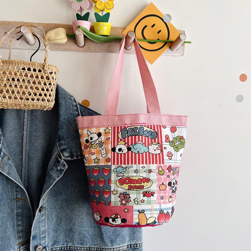 Прекрасная сумка-ведро с мультяшным принтом, портативная холщовая сумка-тоут, студенческая сумка-цилиндр для обеда