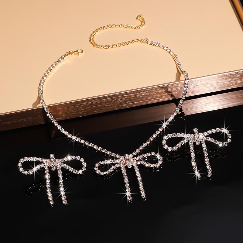 1Set Elegant Shiny Bow Earrings Necklace Set For Women Girls Vintage  Necklace Earrings Jewelry Accessories Gifts