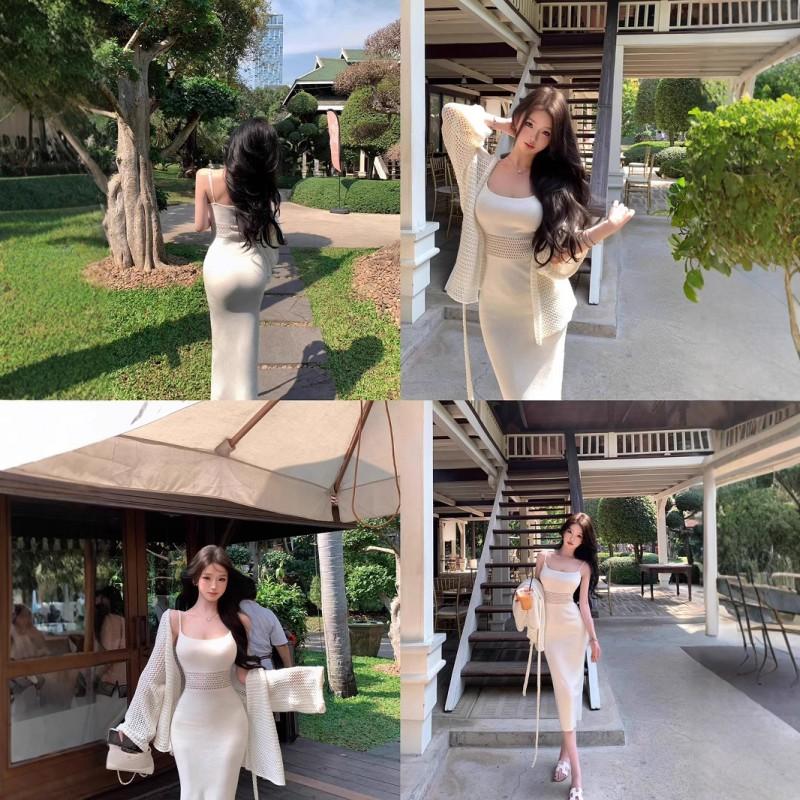 Elegant Knit Sleeveless Midi Dress With Square Neck High Waist Bodycon Fit Solid Color 2025