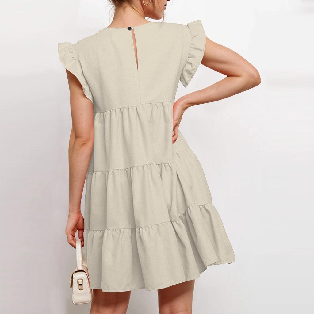 Женская мода лето повседневный О-образный вырез рукав оборки без рукавов струящаяся короткая туника платье