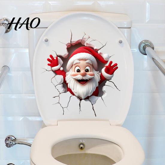 Christmas Toilet Decals Sticker, Funny Santa Claus Lid Tank Bathroom Accessories Self-Adhesive 3D Hole Waterproof PVC Decal for Decoration Wall