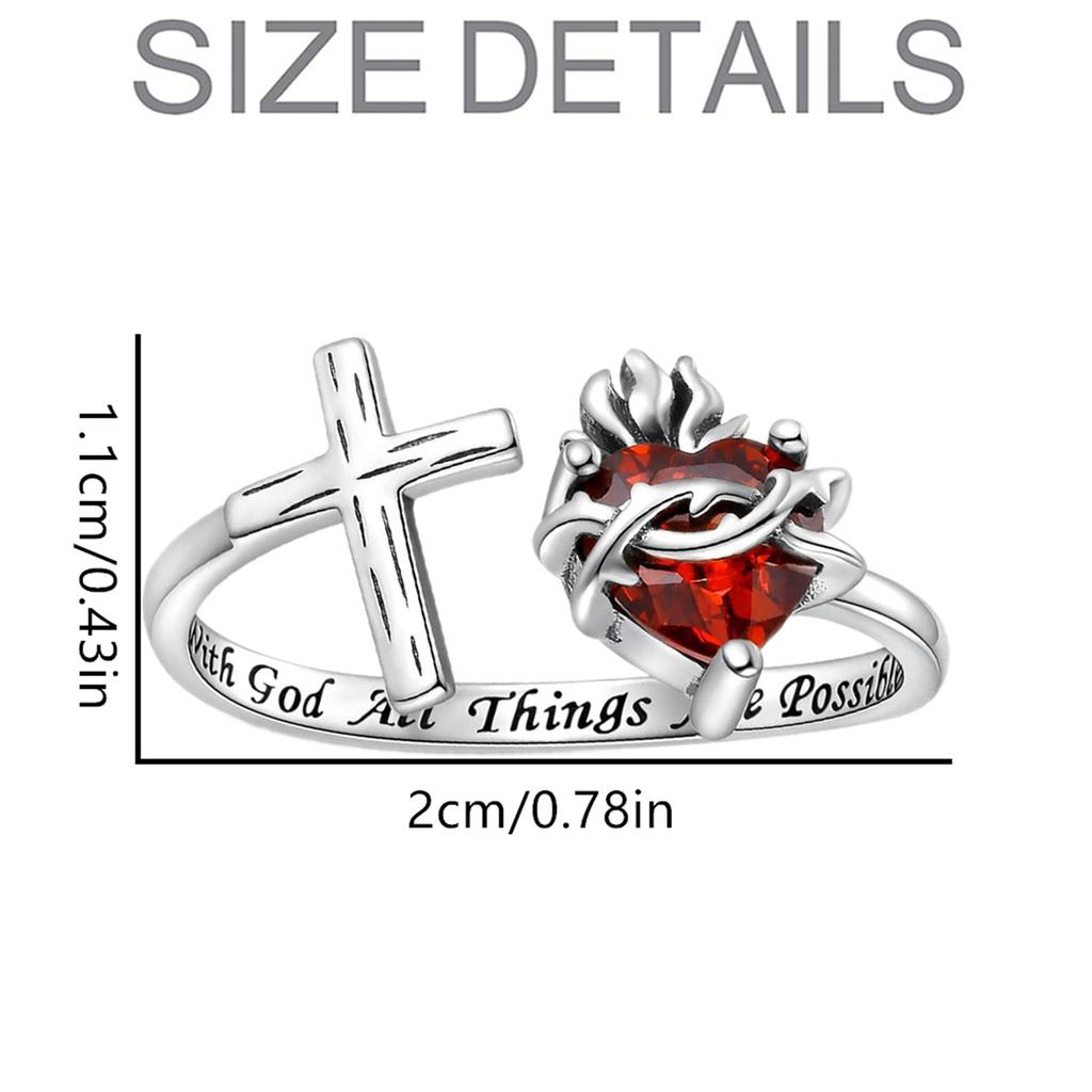 Красиво выполненное разомкнутое кольцо с изображением Святейшего Сердца Иисуса, украшенное креативным терновым красным сердцем из искусственного кристалла.