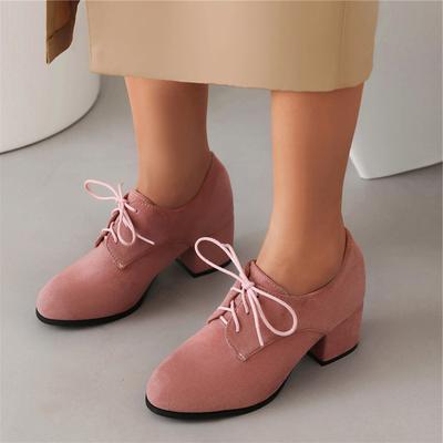 FOREADA Женские туфли-лодочки из искусственной кожи, с круглым носком, на массивном высоком каблуке, на шнуровке, лаконичные, модные, на весну-осень, черные, коричневые, розовые