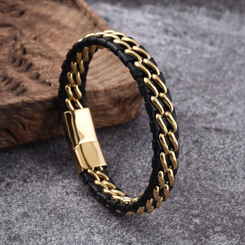 Модный ювелирный браслет из нержавеющей стали с перекрестными границами, кожаный браслет из черного золота, персонализированный мужской браслет в стиле ретро-панк
